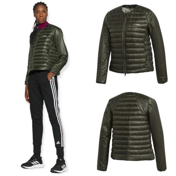 Adidas Womens XS Terrex Hike Bomber Down Puffer Jacket Legend Earth GD1154 - Picture 2 of 13
